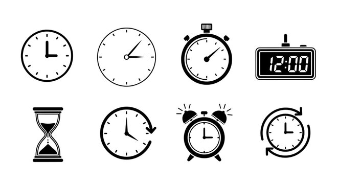 Clock icon collection representing various timekeeping devices