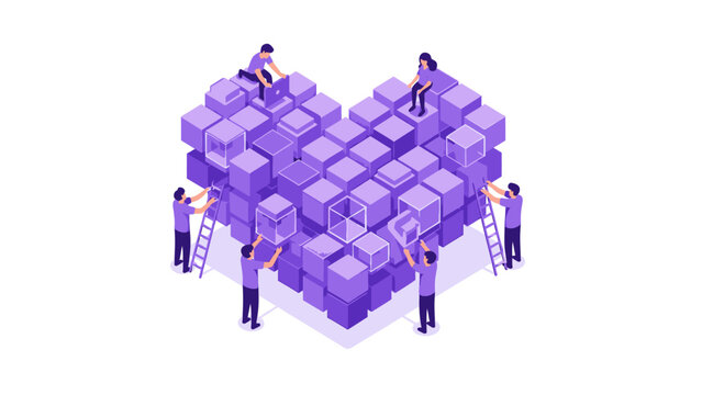 Isometric Teamwork Illustration of People Building a Purple Heart with Cubes; Concept for Charity, Love, Social Support, and Relationship Building