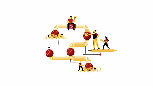 Business Process and Software Development Workflow Metaphor with Spaghetti and Meatballs, Teamwork and Troubleshooting Concept Illustration
