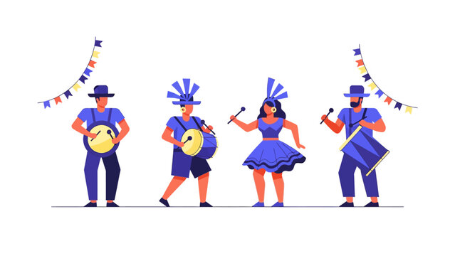 Carnival Street Musicians and Samba Dancer Flat Vector Illustration. Brazilian Festival Percussion Band with Drummers and Dancer in Blue Uniforms.