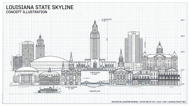 Louisiana State Skyline Blueprint Concept Illustration