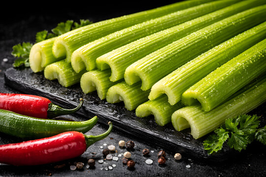 Fresh green celery stalks with red chili peppers on dark background, organic vegetable harvest display, healthy cooking ingredients, farm fresh produce arrangement, nutrition rich food concept, rustic