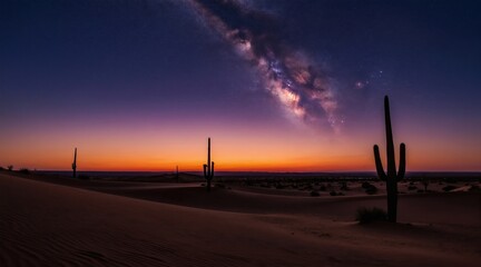 Fototapeta premium Saguaro cacti stand as silhouettes against vibrant desert twilight sky with Milky Way visible. Sand dunes stretch across arid landscape under gradient of orange, purple, and deep blue hues.
