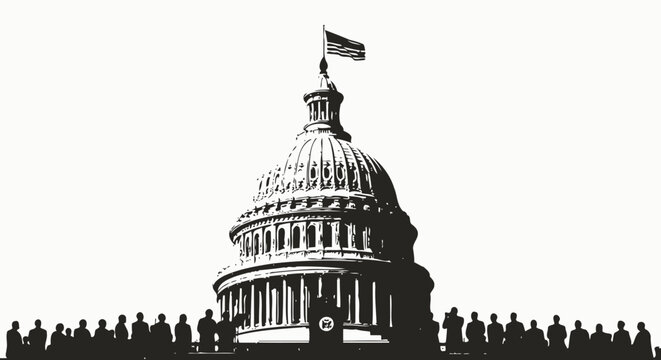 Us capitol building with american flag and silhouetted crowd at podium