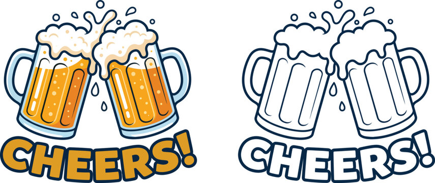 Two beer mugs with cheers message in colorful and outline styles isolated on white background