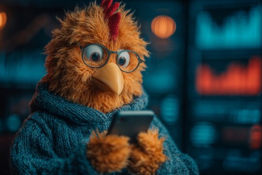 Chicken's delightful smartphone moment in the night. Earn from crypto. How crypto blurs the line between freedom and financial danger. Chicken with phone. Animal night.