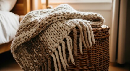 Obraz premium Chunky hand-knitted wool blanket with fringe draped over a woven basket, exuding warmth and cozy comfort