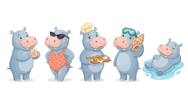 A set of cute cartoon hippos engaging in various summer vacation activities and hobbies