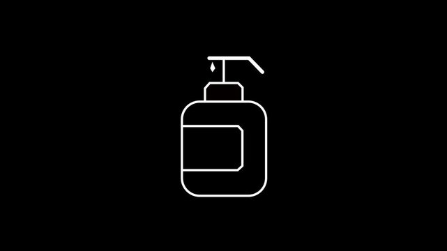 White line art vector icon illustration of a pump dispenser bottle for liquid hand soap or sanitizer gel, isolated on a clean solid black background.