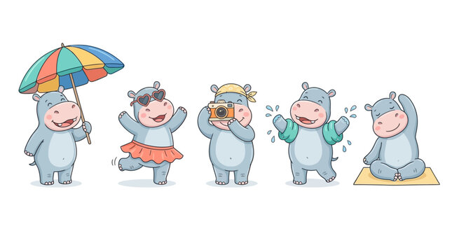 Cute cartoon hippos enjoy summer vacation activities including photography and yoga relaxation