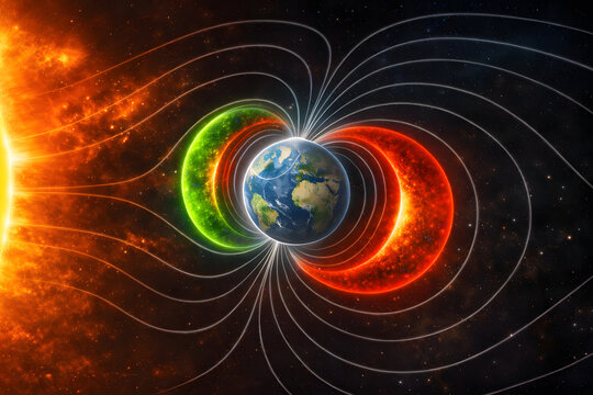 Earth magnetic field and solar storm interaction visualization, planet protected by magnetosphere against solar radiation, space weather phenomenon with sun plasma energy, geomagnetic shield, astronom
