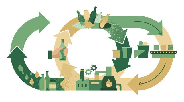 Eco-Friendly Glass Recycling Process Illustration with Circular Economy Loop, Waste Management, and Carbon Footprint Reduction Symbols