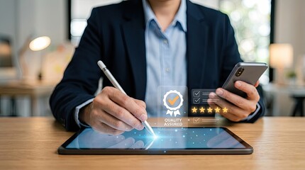 Fototapeta premium Business Professional Using Tablet and Smartphone with Digital Quality Seal Overlay.