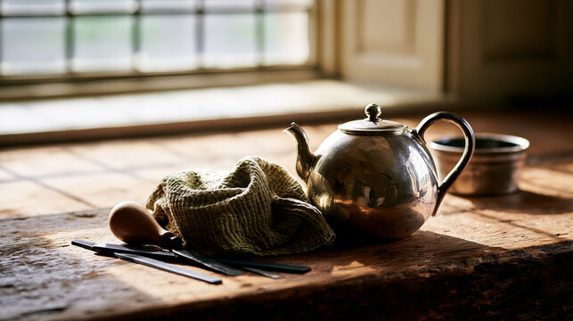 silversmith. Silversmith's wooden workbench with tools and a gleaming silver teapot in progress, soft window light. safety posters.