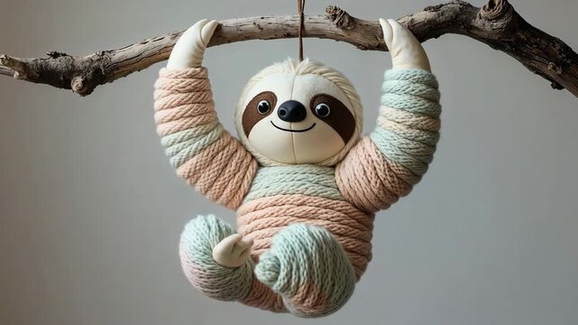 Soft sloth toy hangs from a branch made of rope in a simple indoor setting with natural light