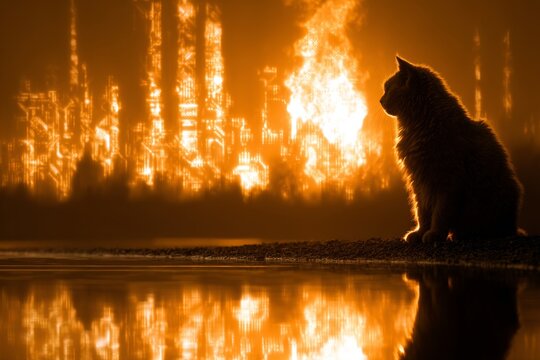 Sunset silhouette: a cat against the digital horizon. Nature's d