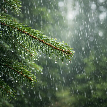 Rain soaked pine tree branch with water droplets in forest, evergreen needles during rainfall, macro nature background with fresh moisture, tranquil woodland atmosphere, seasonal weather and natural e