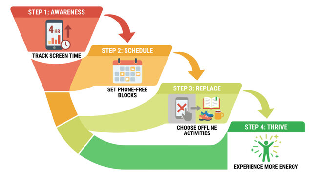 Four Step Digital Detox Infographic Vector for Screen Time Reduction and Healthy Habits