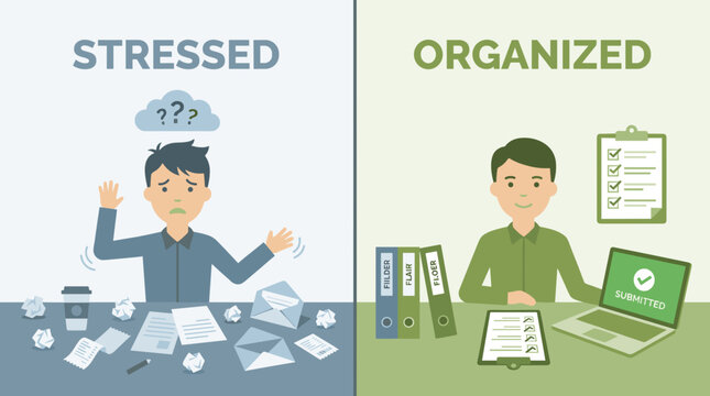 Stressed and Organized Office Worker Comparison Concept Flat Vector Illustration