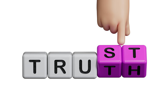 Trust and Truth symbol. Businessman Hand turns a cube and changes the word Truth to Trust.Business and Trust and Truth concept. Copy space.Supports PNG files with transparent backgrounds.