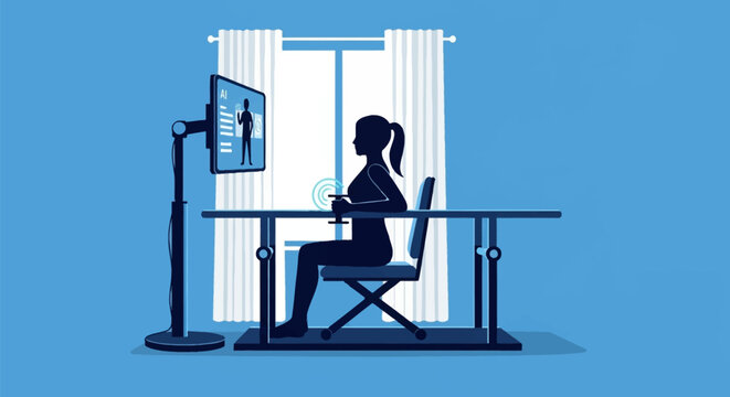 Silhouette of a woman sitting on a chair at a desk, performing dumbbell arm exercises while observing an AI-powered health monitor showing biometric data and body tracking.