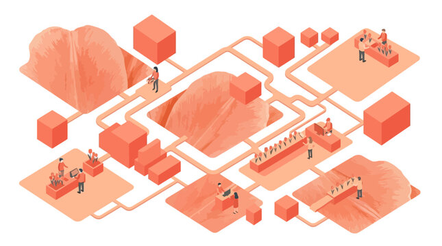 Isometric Supply Chain Illustration of a Floral Business and Logistics Process, Showing Flower Cultivation, Order Fulfillment, and Distribution in Coral Pink Tones