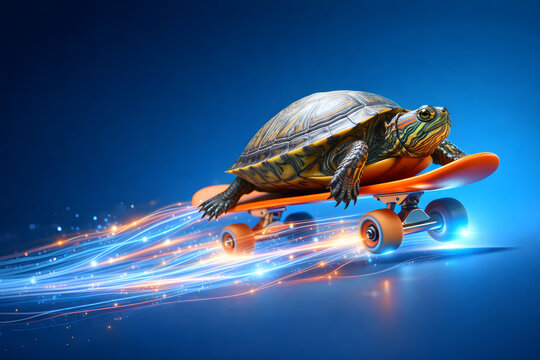 Turtle riding skateboard with glowing speed trail blue background, funny fast slow animal racing concept, extreme sports motion, cute reptile on longboard, dynamic energy streaks, speed challenge illu