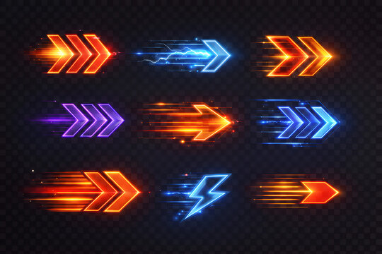 Neon arrow direction icons glowing speed motion set, futuristic blue orange purple navigation signs with lightning bolt, cyber technology game interface, digital pointer elements on dark grid backgrou