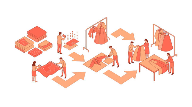 Isometric Illustration of Hanbok Manufacturing Process, Traditional Korean Clothing Tailoring Workflow and Digital Fashion Design