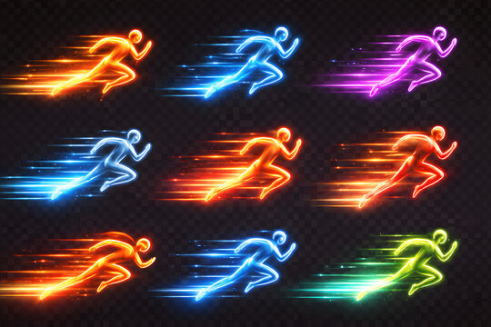 Neon glowing running human silhouette speed motion effect, colorful light trail athlete icon collection. Abstract futuristic sprint symbols, luminous energy streaks, dynamic acceleration, fast movemen