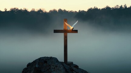 Obraz premium Wooden cross on rocky cliff edge. White dove flies near cross at misty dawn. Symbolizes faith hope peace and spirituality. Religion and belief in divine.