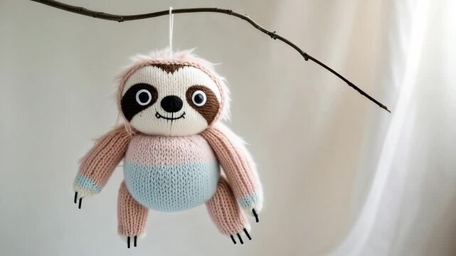 Knitted sloth toy hanging on a branch in a simple indoor setting with soft light