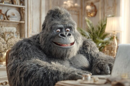 Ape's exuberant laptop discovery in a bright room. Crypto market crash. Digital currency: financial liberation or clever manipulation. Ape using tech. Morning light ape.