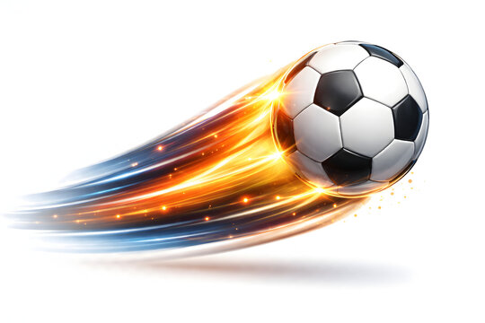 Soccer ball flying blazing fire trail speed motion sport energy, dynamic football explosion isolated on white background, fast championship kick, powerful tournament action, game competition concept