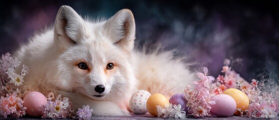 Naklejka premium Easter wonders: a fox's heartwarming egg adventure. Economic growth. White fox cradling a pastel egg, light blue background, festive vibes. Market trends. Performance metrics.