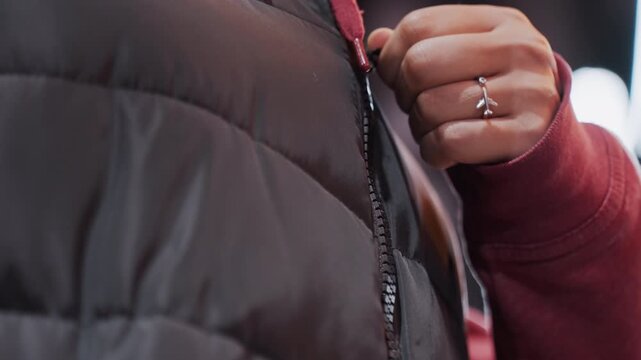 Night street fingertip securing puffer, tight framing on zipper and ring with blurred city lights, small gesture during evening walk conveying intimate urban texture and steady nocturnal pace