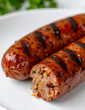 Juicy grilled sausage cut open on white plate, smoky grill marks, appetizing food. Tasty meal. Close-up.