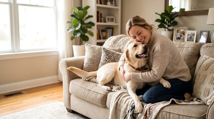 Plakat Happy woman hugging her golden labrador dog on a cozy living room sofa