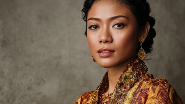 Studio portrait of young Thai woman in traditional clothing with soft lighting and elegant expression against neutral background. Beauty, fashion and cultural heritage themes.