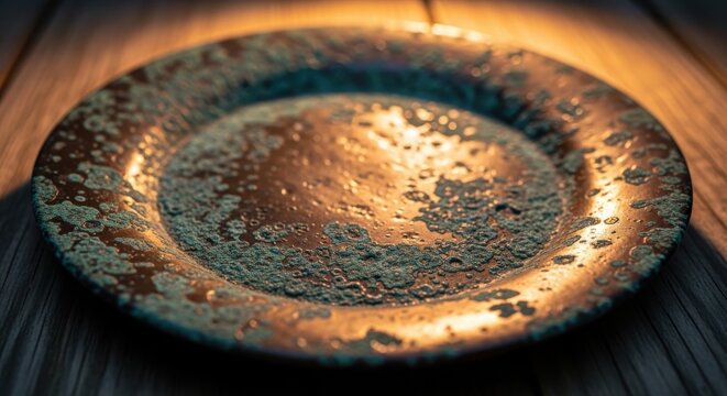 Close-up of an antique oxidized copper plate showcasing a rich verdigris patina and textured surface