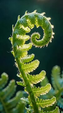 Backlit curled fern frond