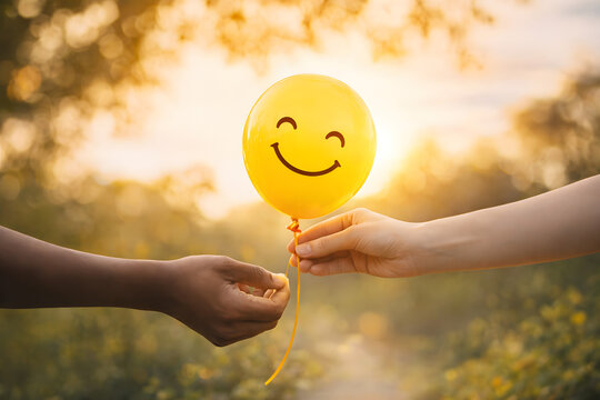 Happy smiley balloon held by two hands in warm sunlight, kindness sharing concept, friendship happiness symbol, positive emotion, childhood joy, hope, support, care, mental wellness background
