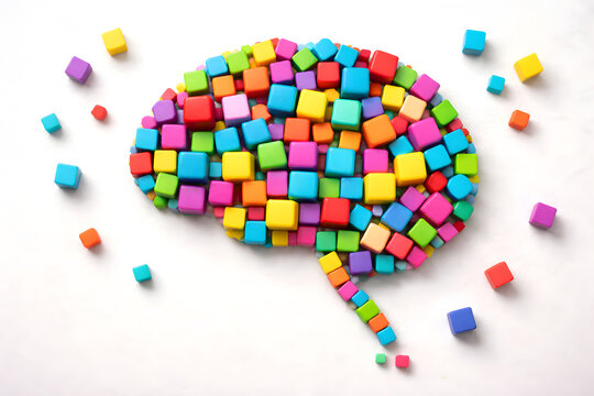 Colorful cube brain shape on white background, creativity psychology concept, neurodiversity learning symbol, autism awareness, child development, artificial intelligence, mental health puzzle idea