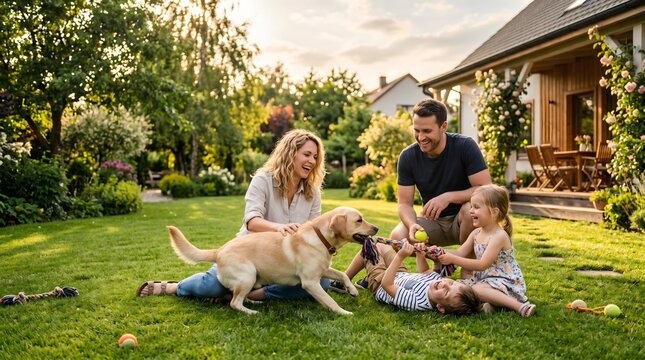 Happy family playing with their dog in the garden on a sunny day