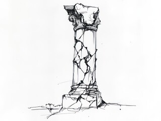 Obraz premium Sketch of a crumbling classical column, showcasing architectural decay against a stark white backdrop
