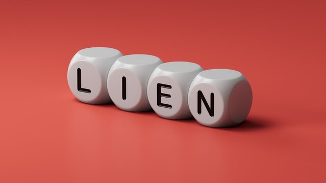 Four wooden dice arranged in stack with word LIEN on them, space for text.close up of wooden dice,Business Concept.3D rendering.