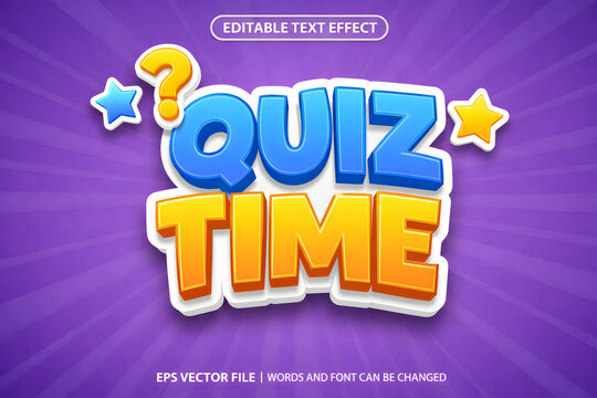 Quiz time editable text effect on purple background, colorful cartoon typography game banner, kids trivia challenge, school education competition, knowledge test, playful quiz show poster design, star