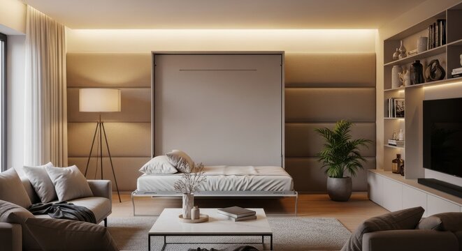 Modern Living Room Featuring a Discreet Wall Mounted Folding Bed Integrated Seamlessly for Space Saving
