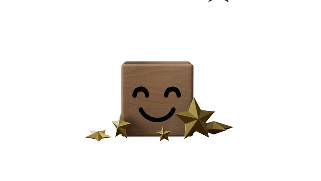 Smile face on green cube with golden five stars for customer or client survey and satisfaction after use product and service concept.Supports PNG files with transparent backgrounds.
