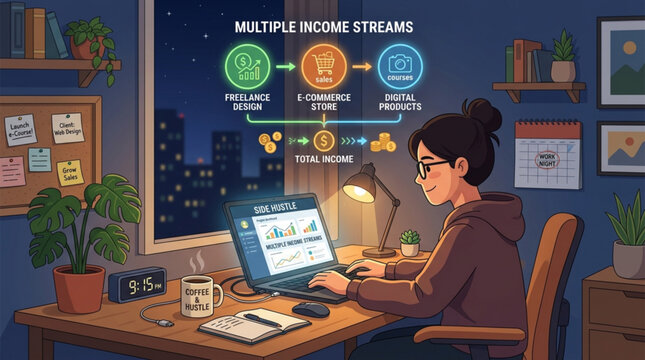 Young professional managing multiple income streams on laptop in cozy home office with futuristic UI displays